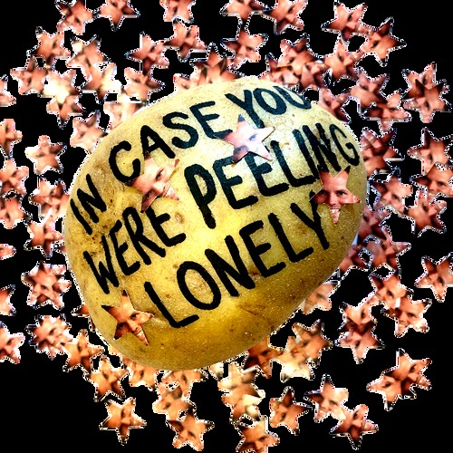 Personalised message potato surrounded by confetti printed with a face