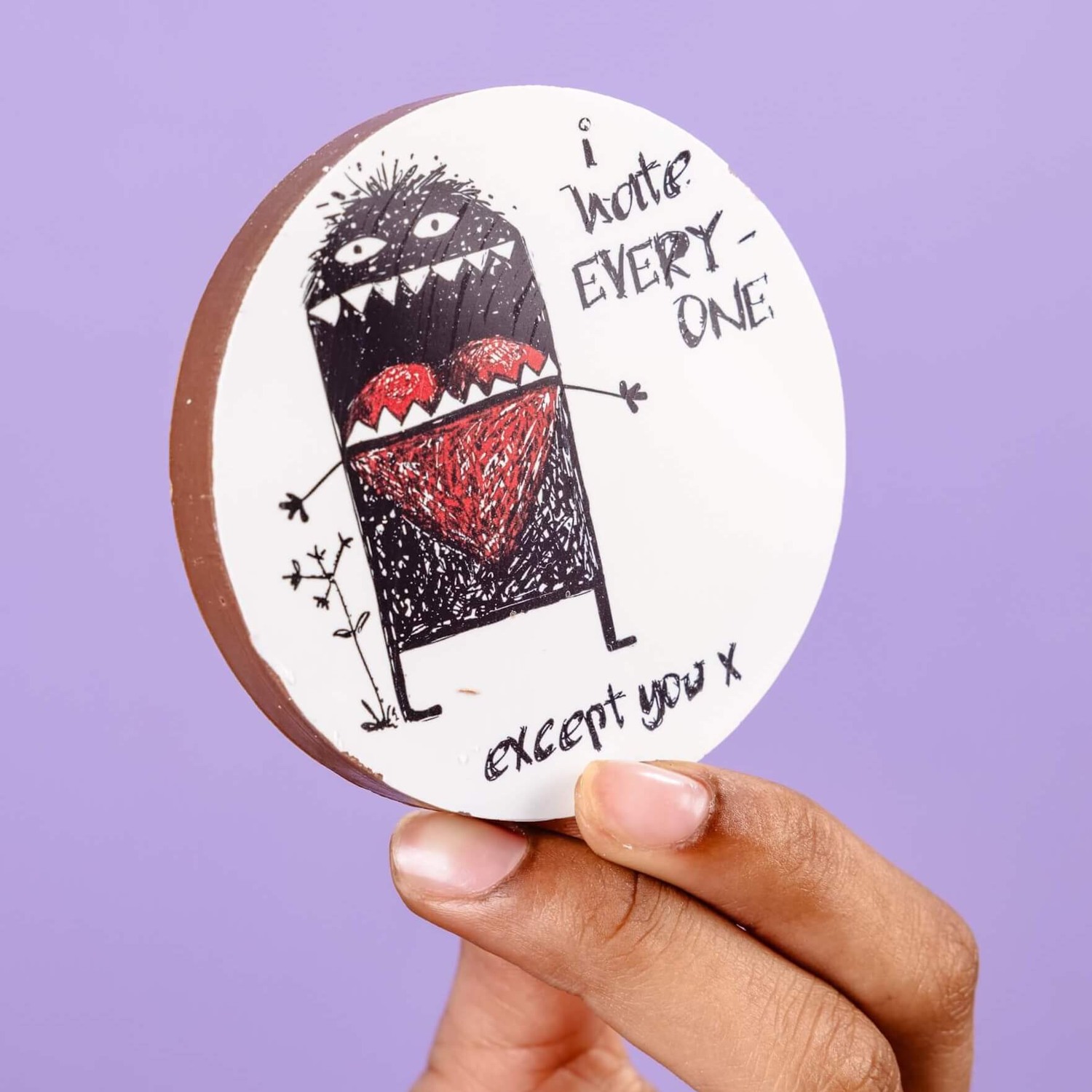 I Hate Everyone Except You Belgian chocolate disc with a grumpy monster